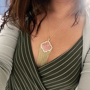 NWT Kendra Scott Kingston Necklace Rose Quart Long Pendant Gold Plated Fringe